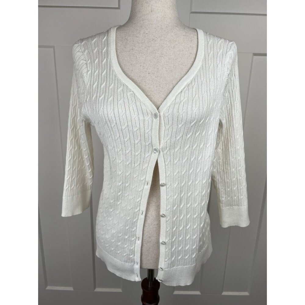 Talbots Petite Cable Knit Cardigan Ivory 100% Pima Cotton Button Front LP